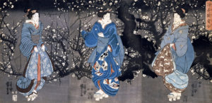 An Oban Triptych Depicting a Nocturnal Scene with Three Bijin